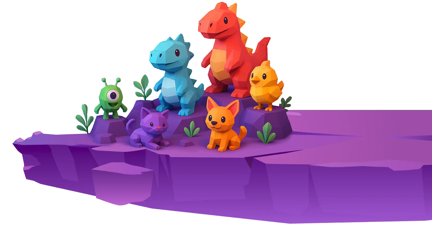 The AXYC pets (a red dinosaur, a blue dinosaur, a yellow chick, an orange fox, a purple cat and a green alien) on a floating purple island