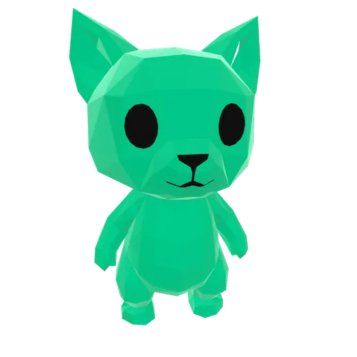 A green low-poly AXYC cat standing on its own floating island